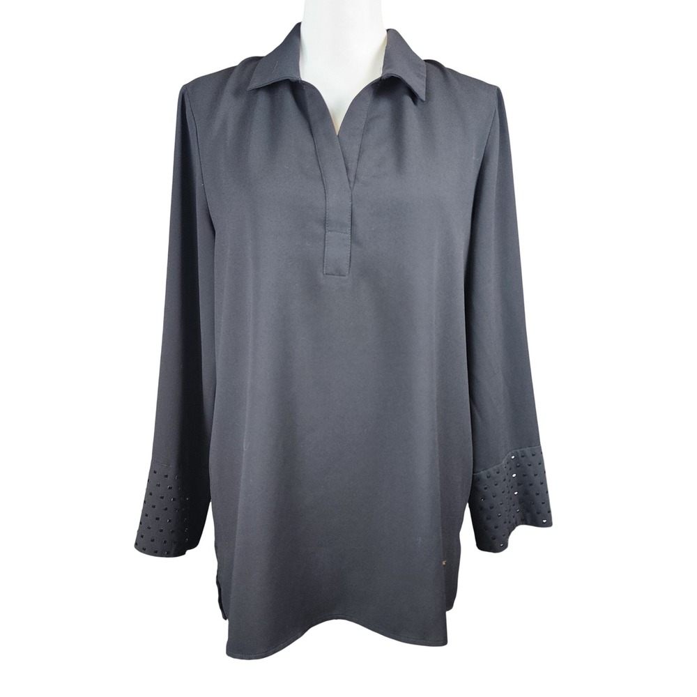 Anne Klein Tunic Blouse Top Womens Medium Black Beaded Cuffs Whimsigoth‎ Party